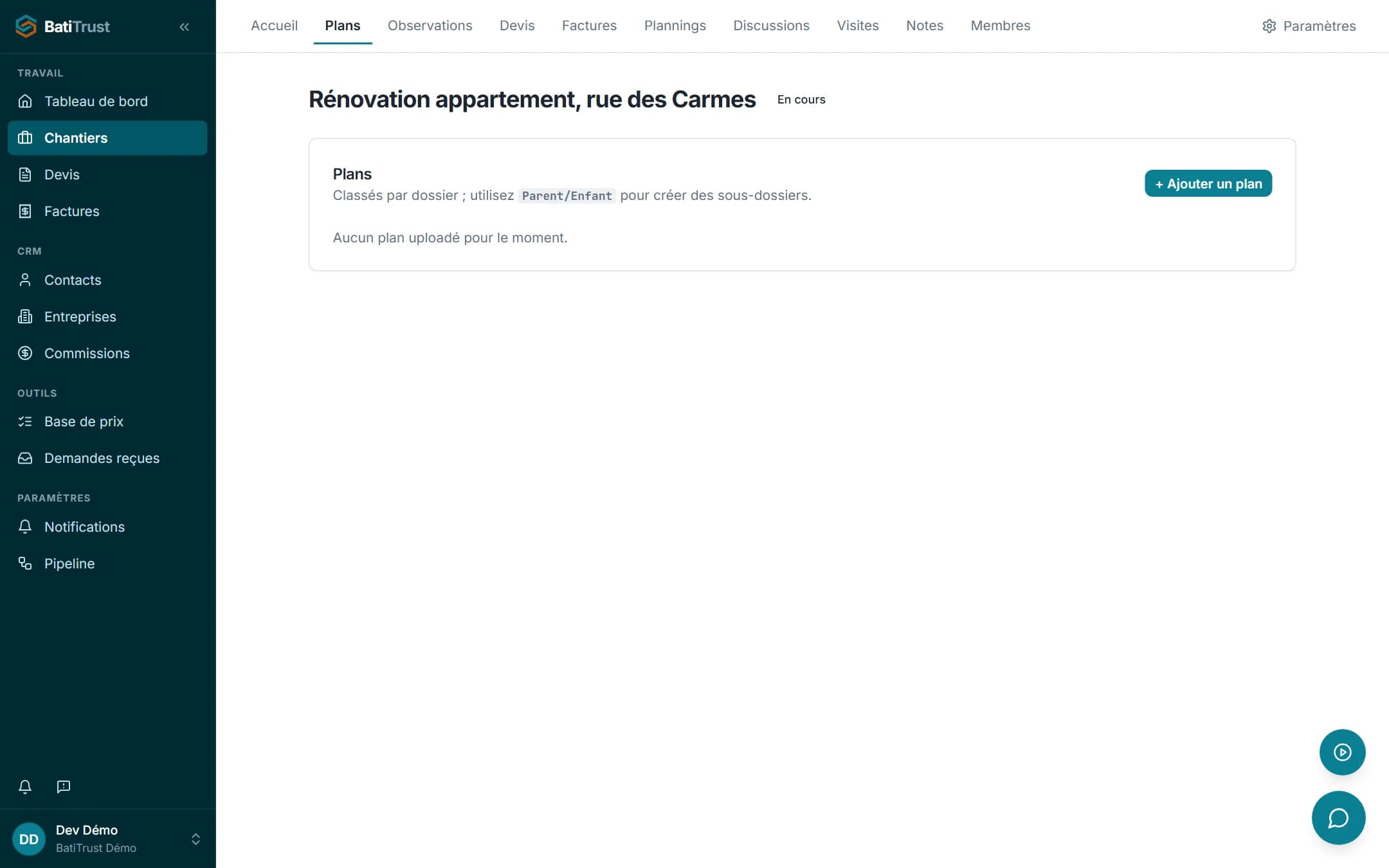 Les plans et documents du chantier