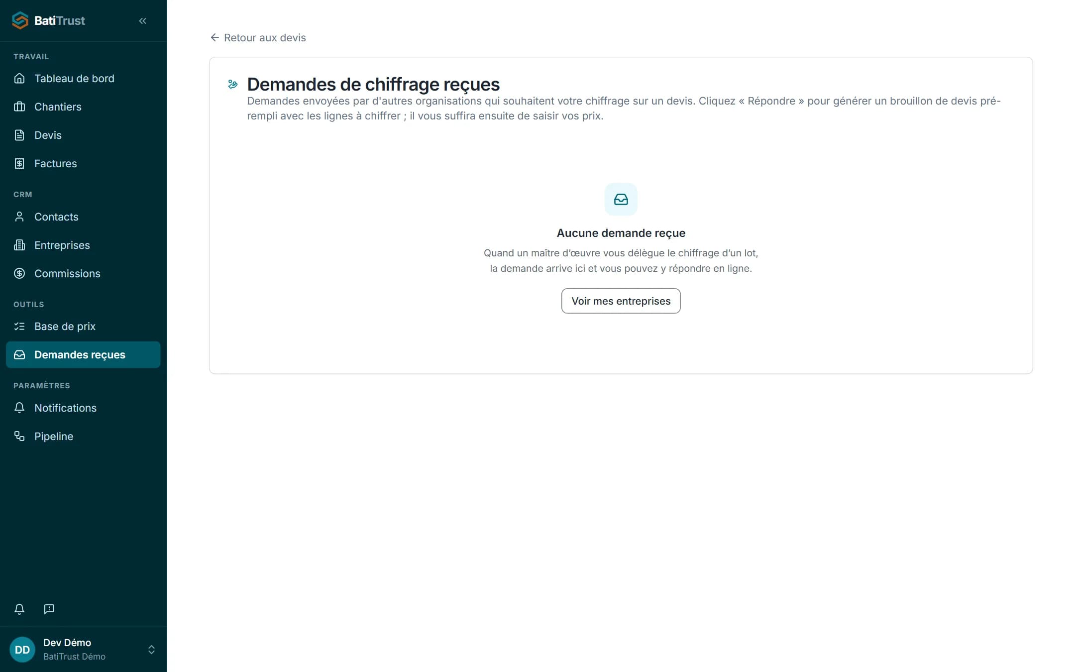 Le suivi des demandes de chiffrage envoyées aux artisans
