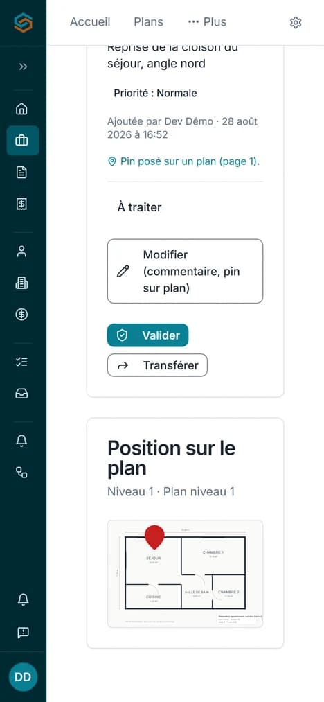 Une réserve repérée par un point sur le plan du niveau, vue depuis un téléphone