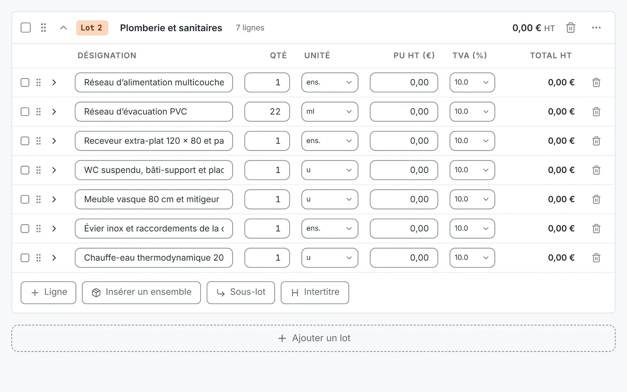 Le lot plomberie du même devis, ouvert par l'artisan dans BatiTrust : les ouvrages et les quantités du maître d'œuvre, avec les prix encore à saisir