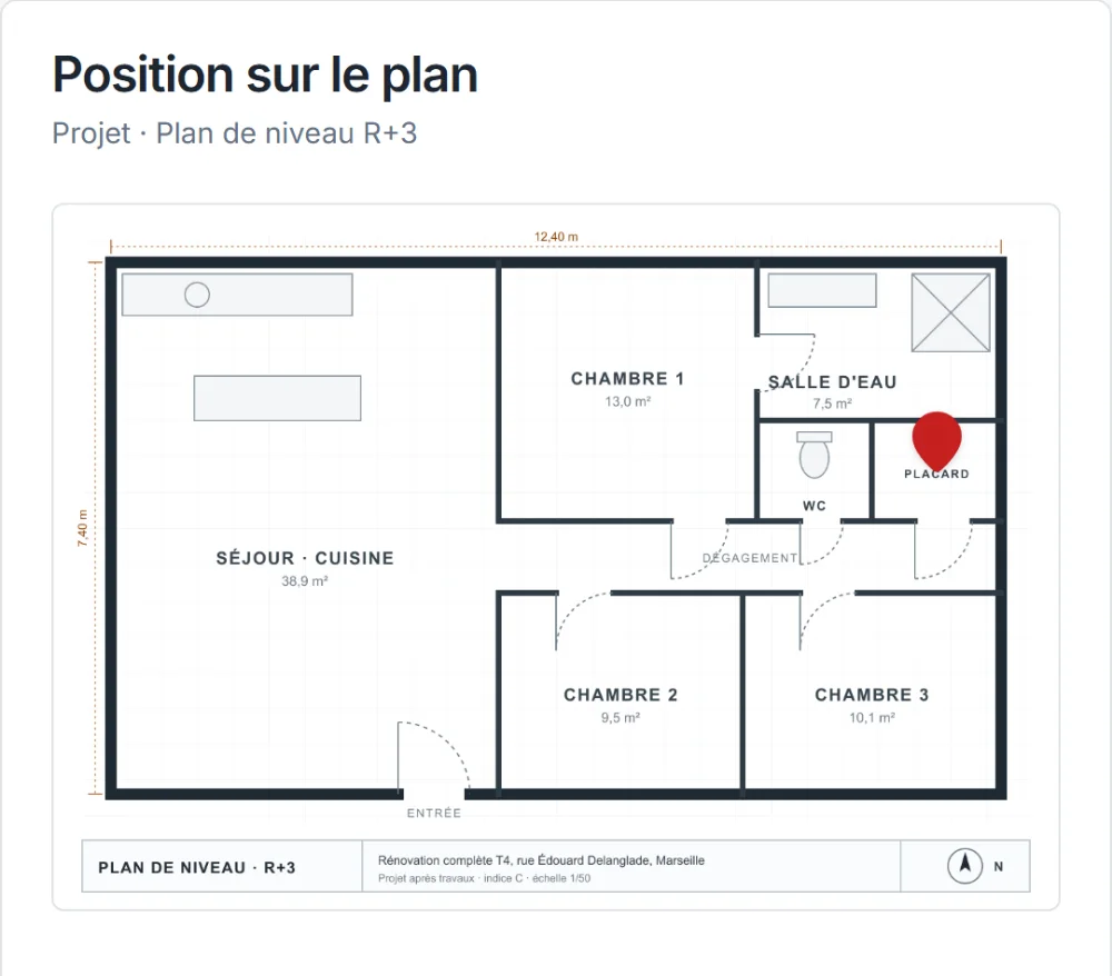 BatiTrust, fiche d'une observation, la réserve sur le groupe de sécurité du chauffe-eau épinglée sur le plan de niveau, dans le placard