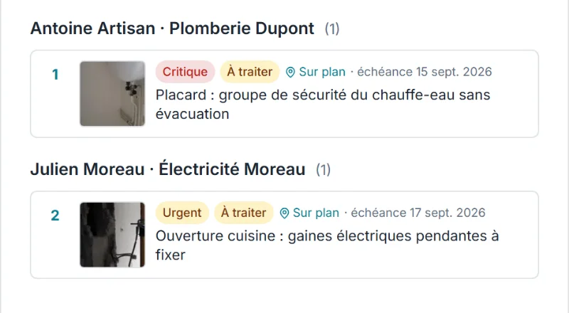 BatiTrust, compte rendu de visite, les réserves groupées par artisan destinataire avec leur priorité, leur état et leur échéance